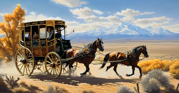 A Wells Fargo stagecoach traveling through a golden landscape during the California Gold Rush, with horses and mountains in the background.