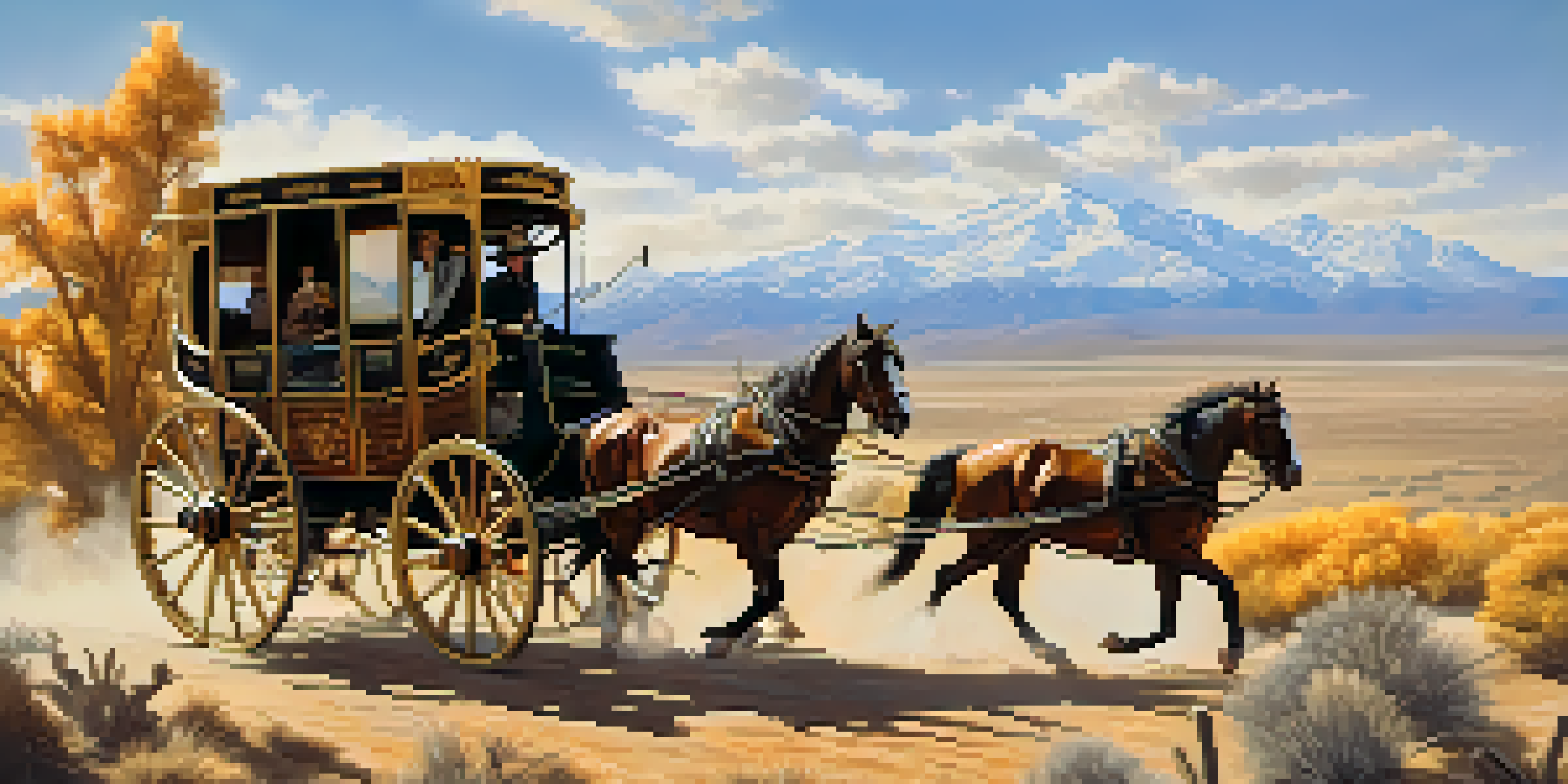 A Wells Fargo stagecoach traveling through a golden landscape during the California Gold Rush, with horses and mountains in the background.