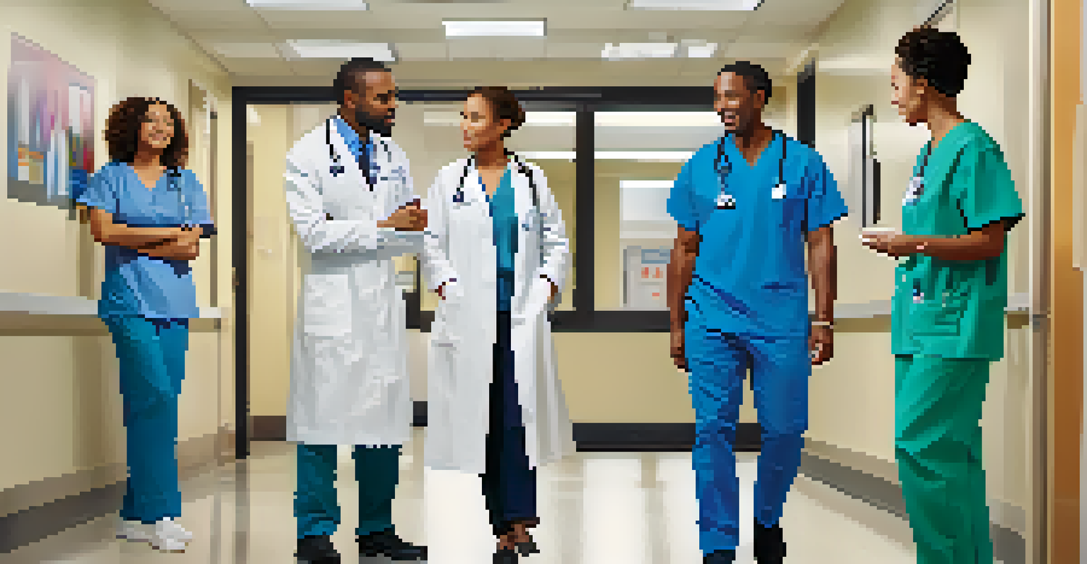 A diverse group of healthcare professionals engaged in a discussion in a hospital corridor.