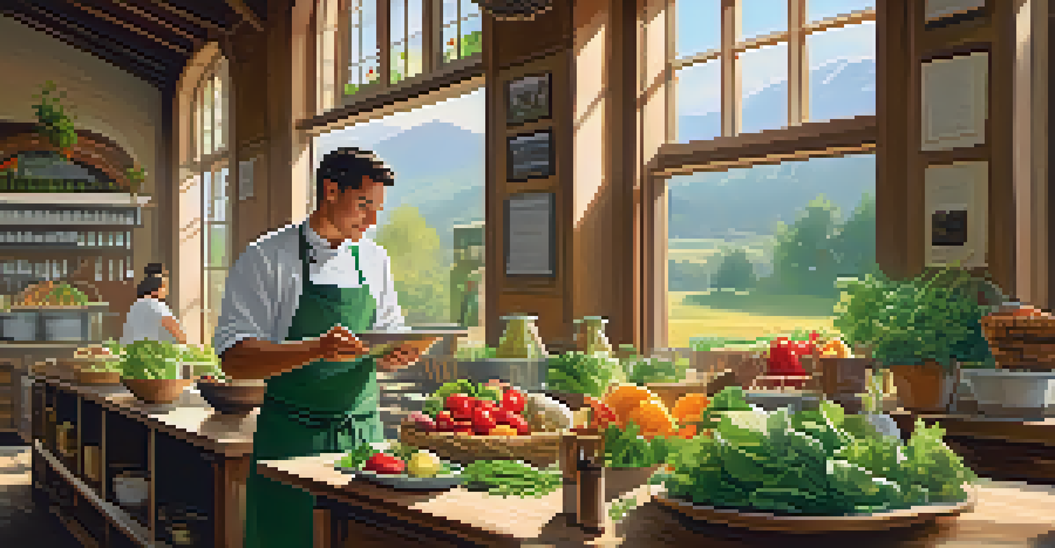 A rustic farm-to-table restaurant with a wooden table filled with fresh produce and a chef preparing a salad in a sunlit setting.