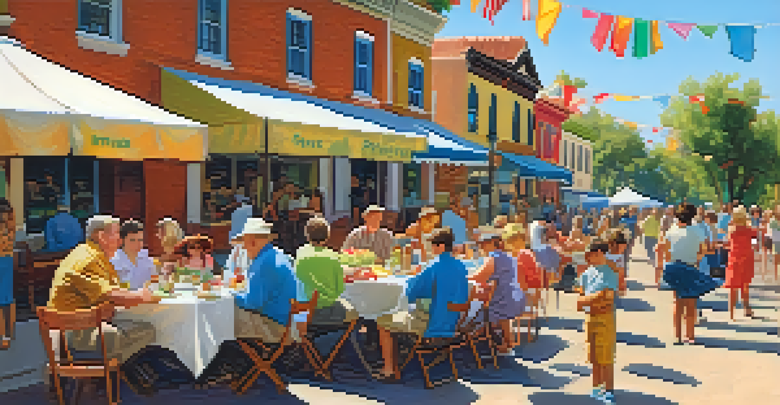 A lively community event with residents gathered around a historic home, enjoying local food and activities.