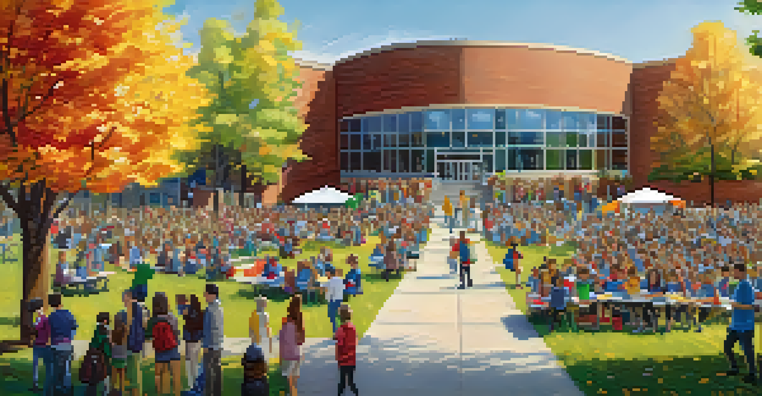 An outdoor school event where students display their art projects to parents and visitors, set against a sunny day and a school building.