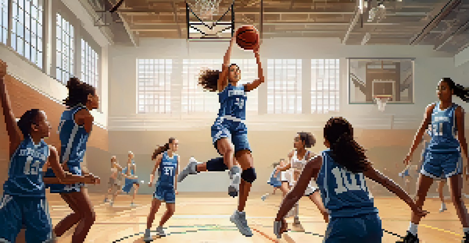 A female basketball player mid-air shooting a basketball in a gymnasium, showcasing determination and athleticism.