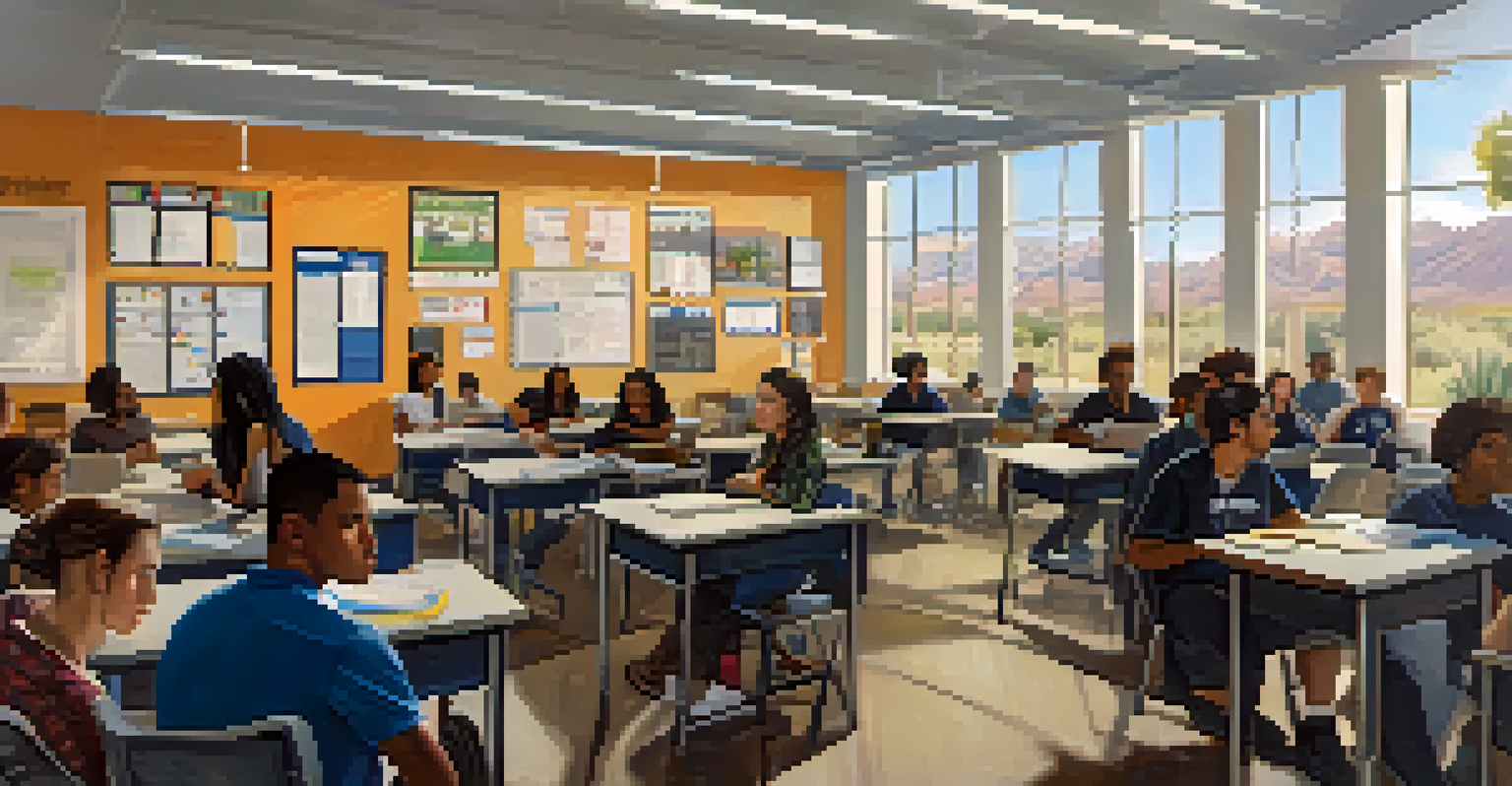 A community college classroom in Phoenix with students and a professor, well-lit with large windows and educational posters.