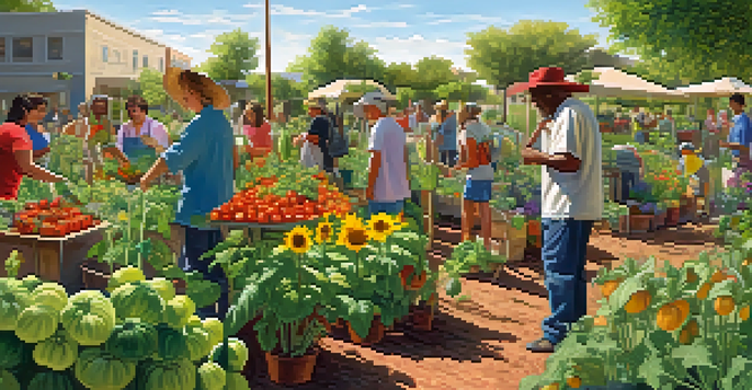 A community garden in Phoenix with colorful vegetables and flowers, featuring people working together among the plants.