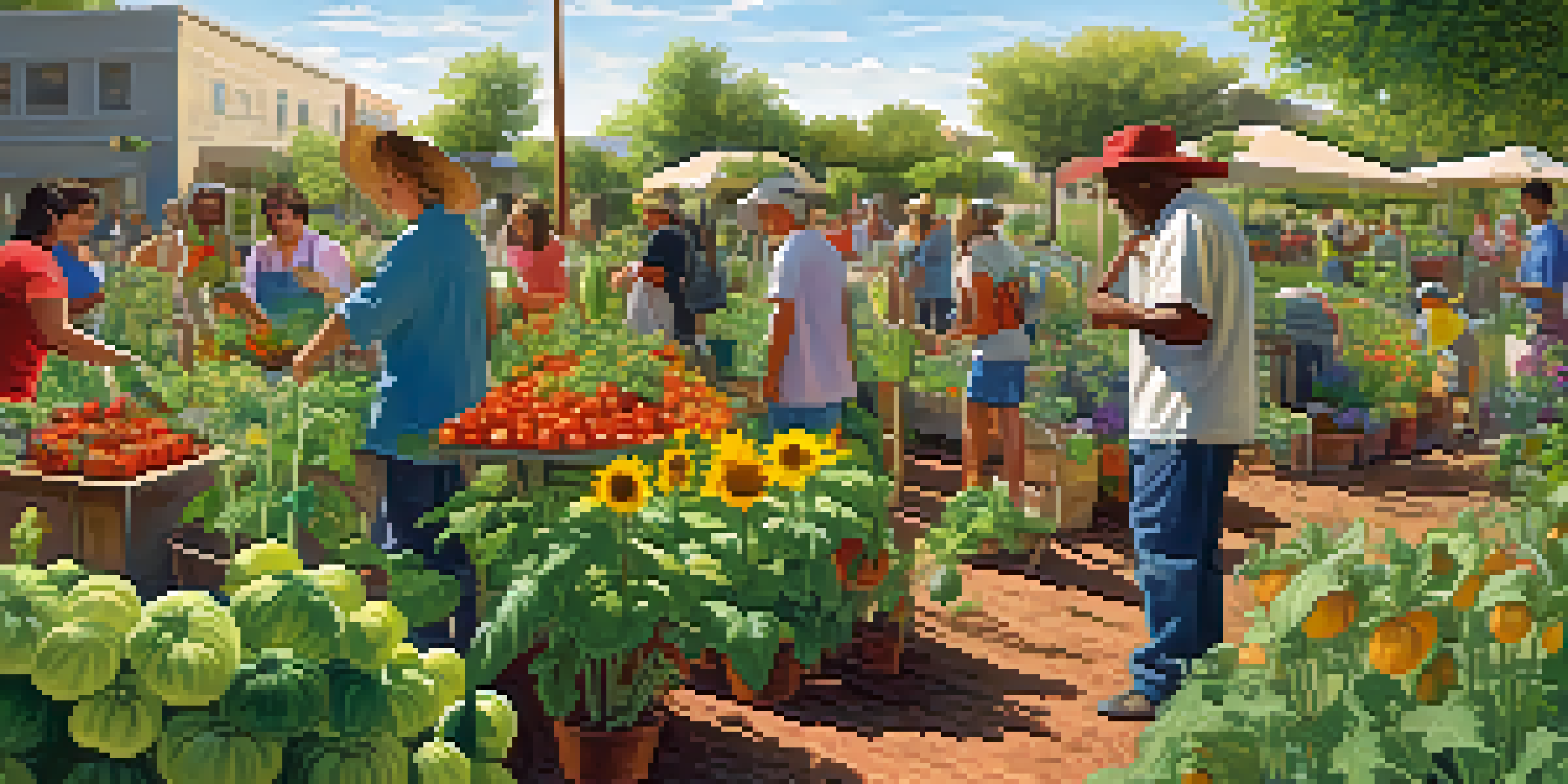 A community garden in Phoenix with colorful vegetables and flowers, featuring people working together among the plants.