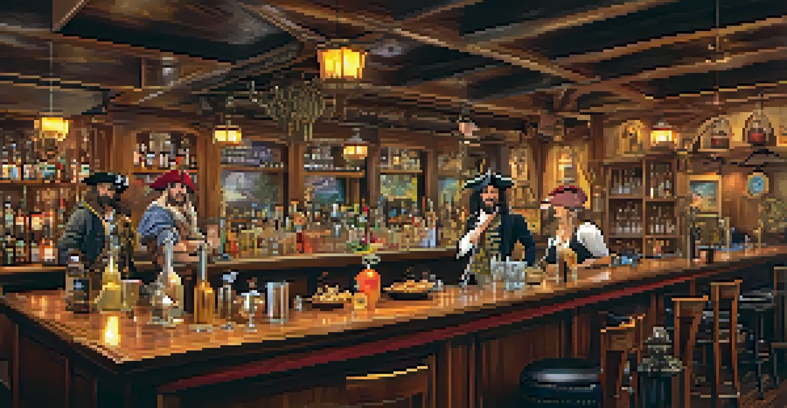 A lively pirate-themed bar with patrons dressed as pirates enjoying colorful cocktails.