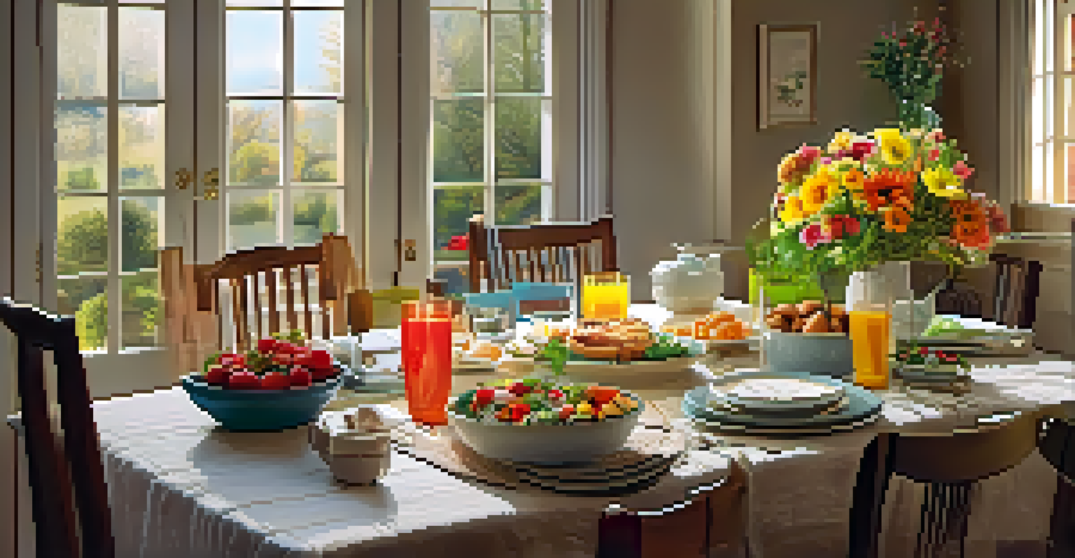 A beautifully arranged dining table set with healthy, homemade dishes and fresh flowers.