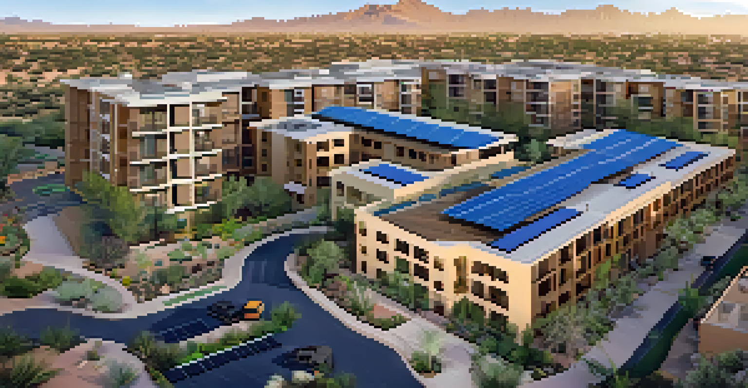 Aerial view of a modern multi-family housing complex in Phoenix with gardens, solar panels, and a golden sunset.