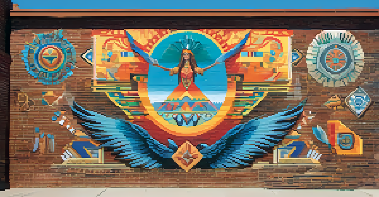 A colorful mural on a brick wall illustrating the cultural history of Phoenix, depicting Native American, Spanish, and Mexican American influences.
