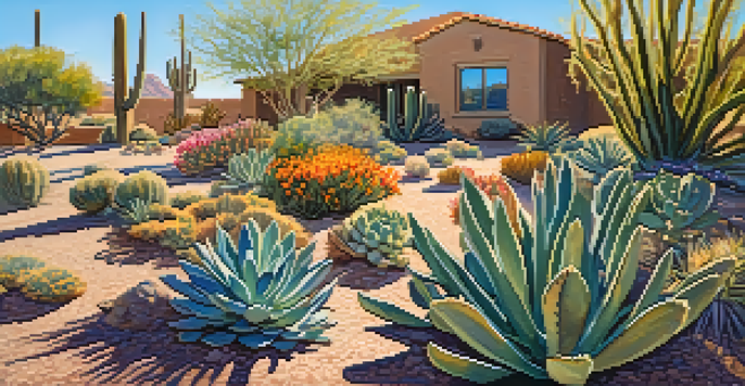 A colorful desert garden in Phoenix with succulents, cacti, and blooming native flowers under a clear blue sky.