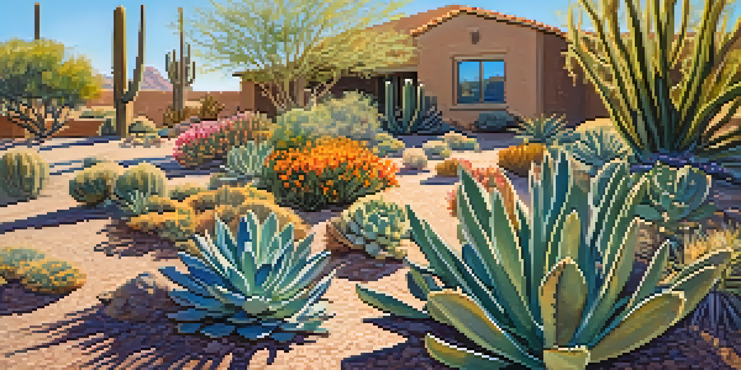 A colorful desert garden in Phoenix with succulents, cacti, and blooming native flowers under a clear blue sky.