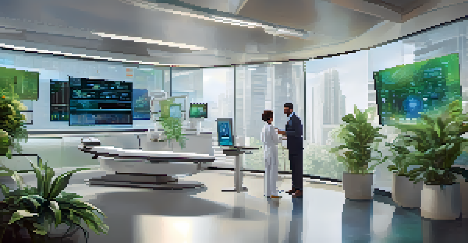 A doctor consulting with a patient via telemedicine in a modern healthcare workspace with advanced technology.