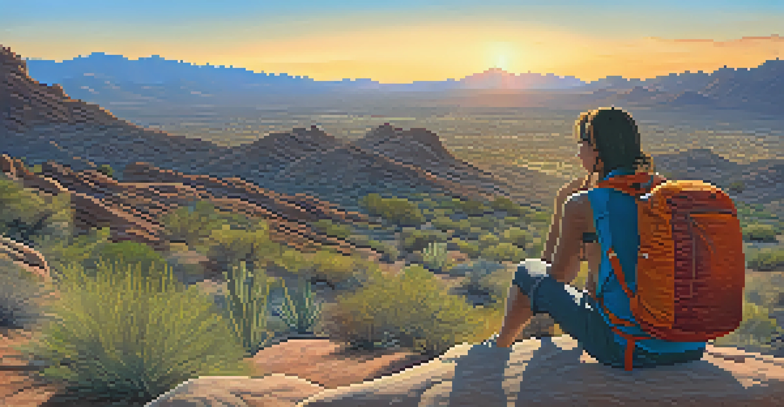 A hiker taking a break on a trail in Phoenix, surrounded by beautiful desert landscape and mountains, with a sunset in the background.