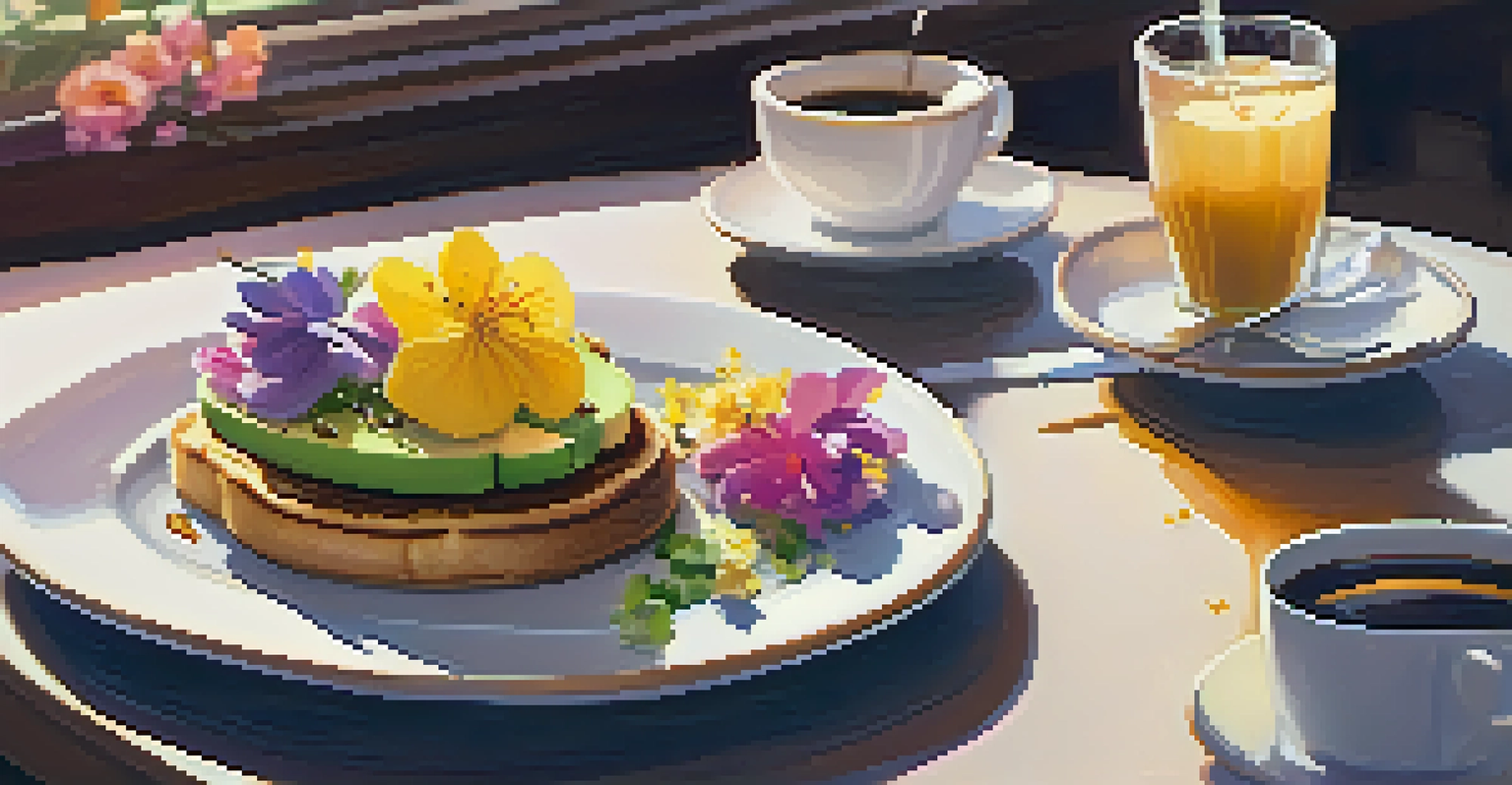 A cozy brunch scene with avocado toast, pancakes, coffee, and fresh juice in a warm cafe atmosphere.
