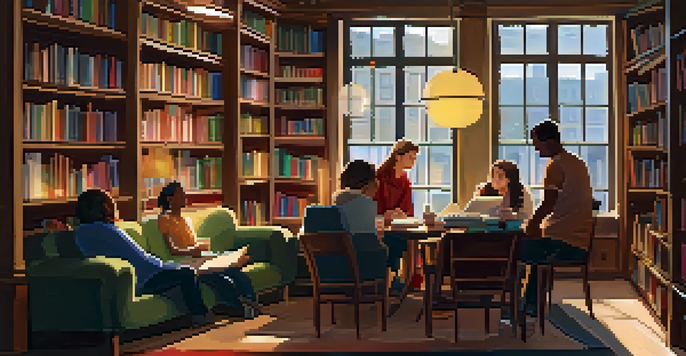 A warm and inviting bookstore with wooden shelves full of books, a local author reading to an engaged audience, and sunlight filtering through the windows.