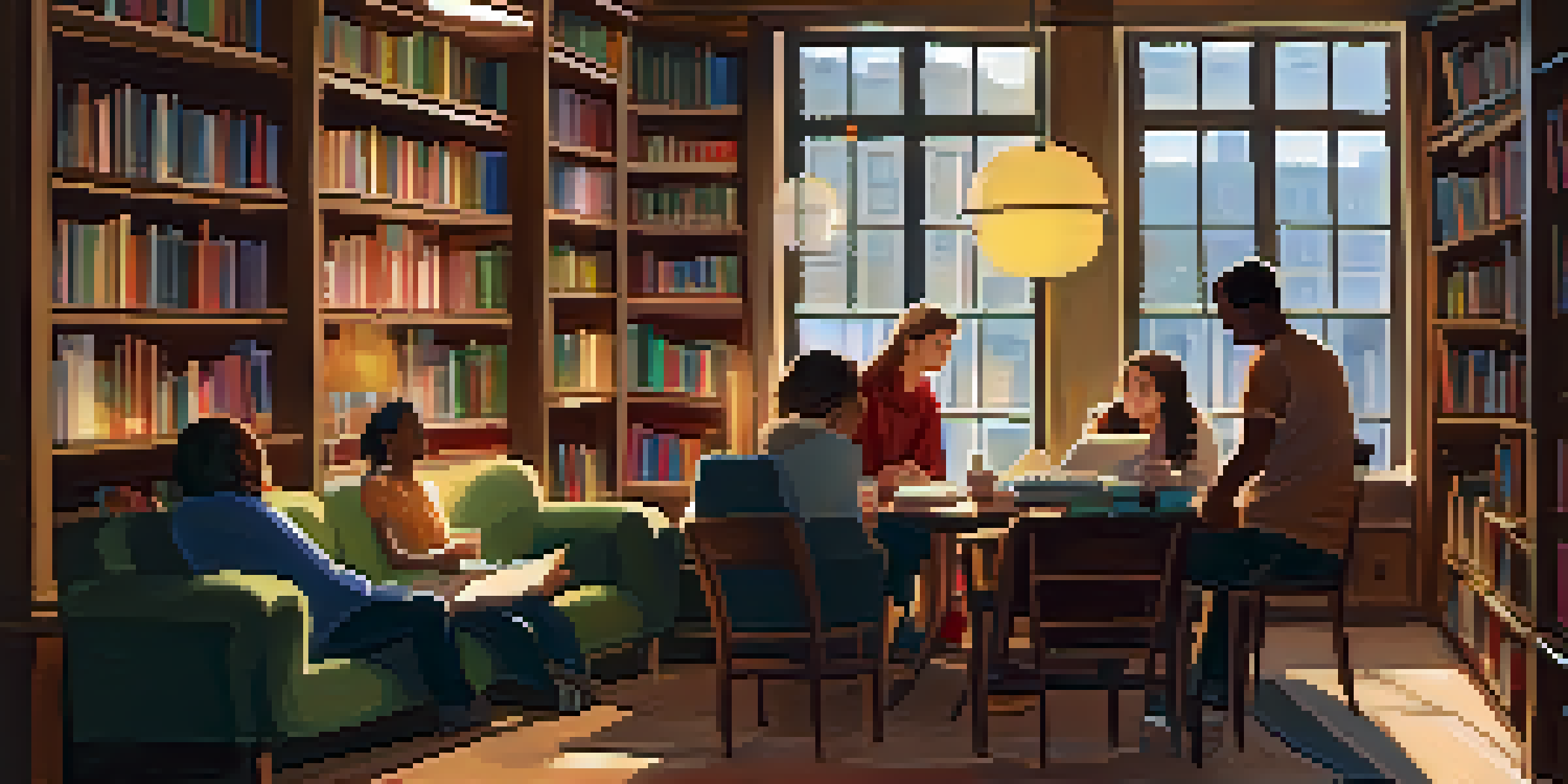 A warm and inviting bookstore with wooden shelves full of books, a local author reading to an engaged audience, and sunlight filtering through the windows.