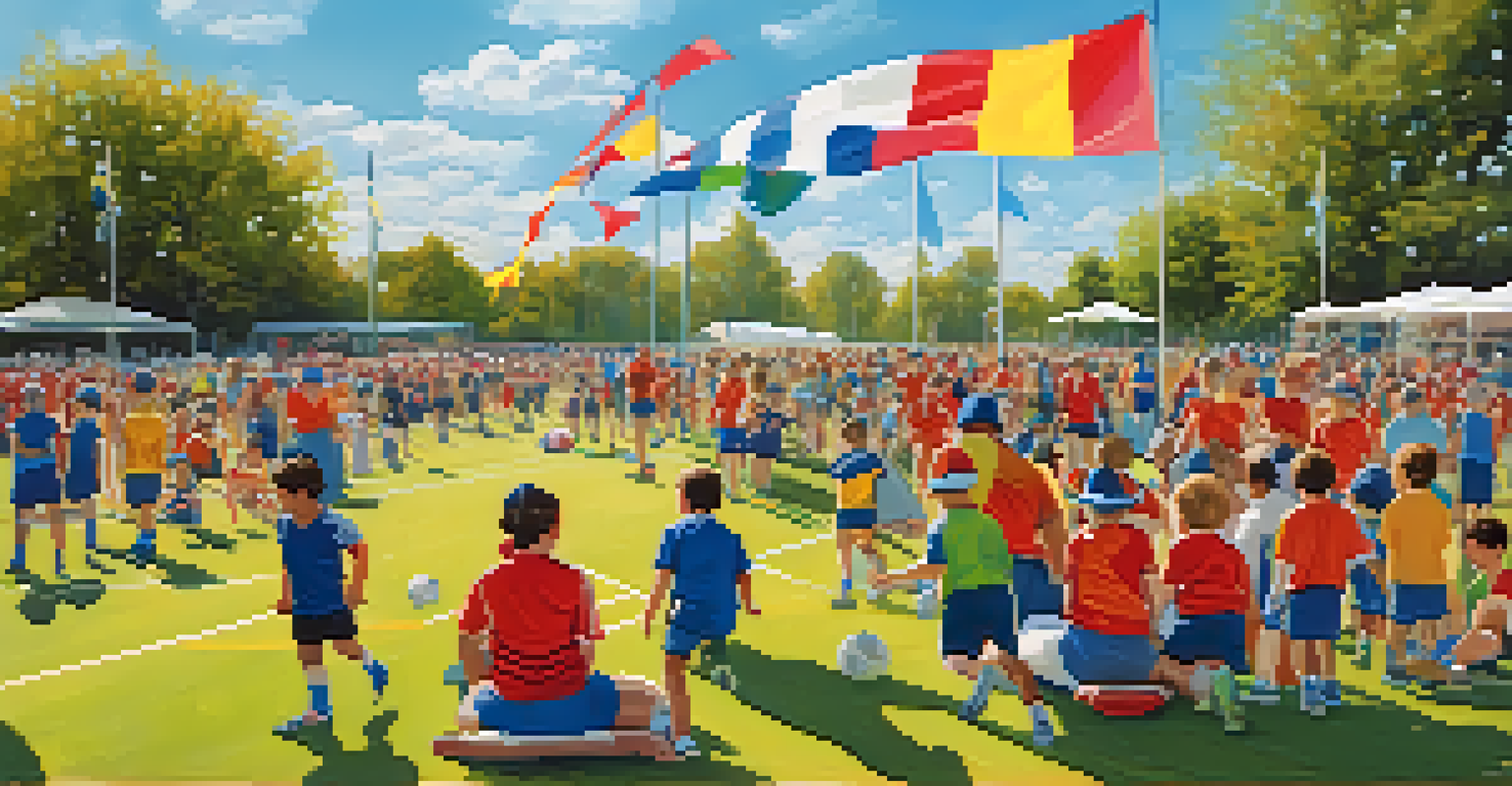 Children participating in multiple sports activities at a community event in a park, with colorful banners and families around.