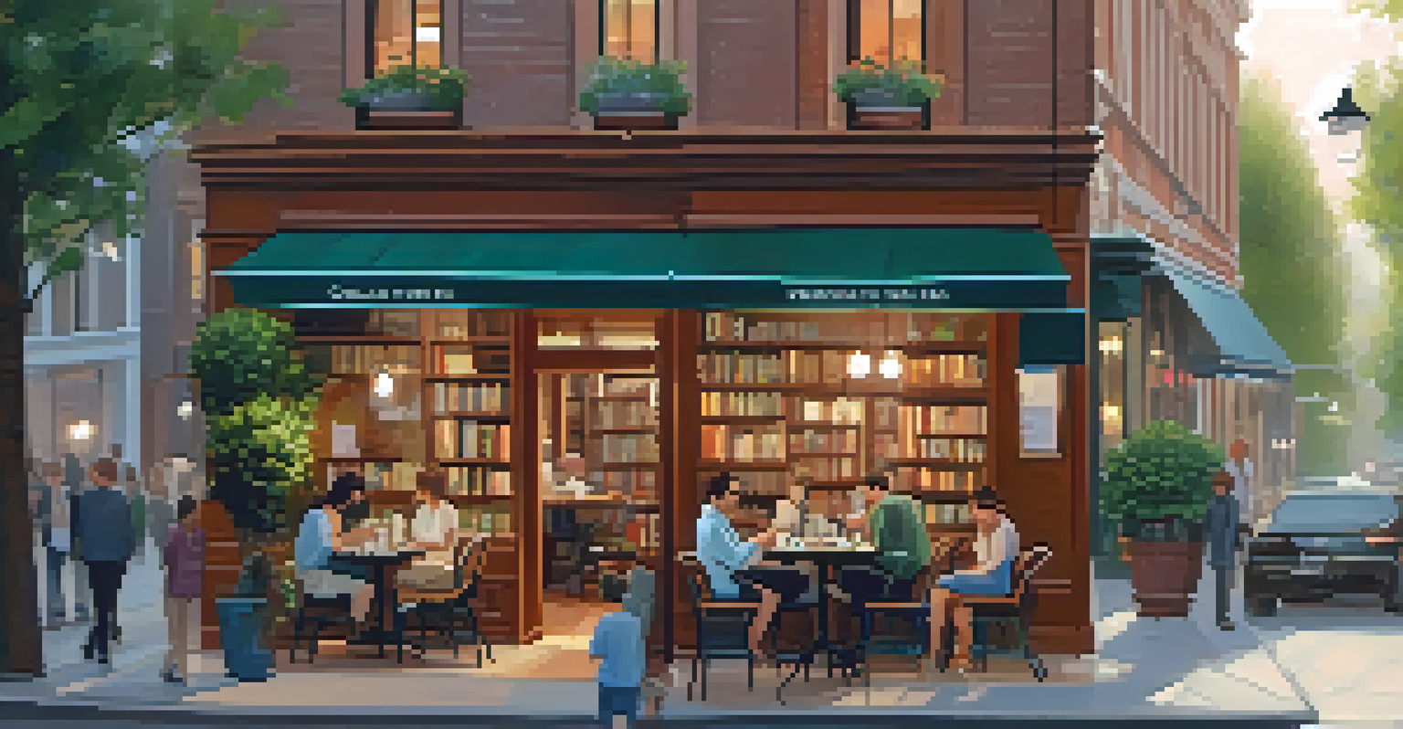 A charming outdoor café next to a bookstore, filled with patrons enjoying coffee and reading.
