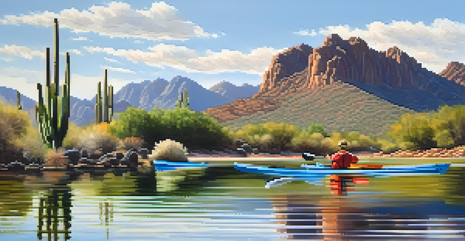 A peaceful view of Saguaro Lake with kayakers on the water and cacti along the shore.