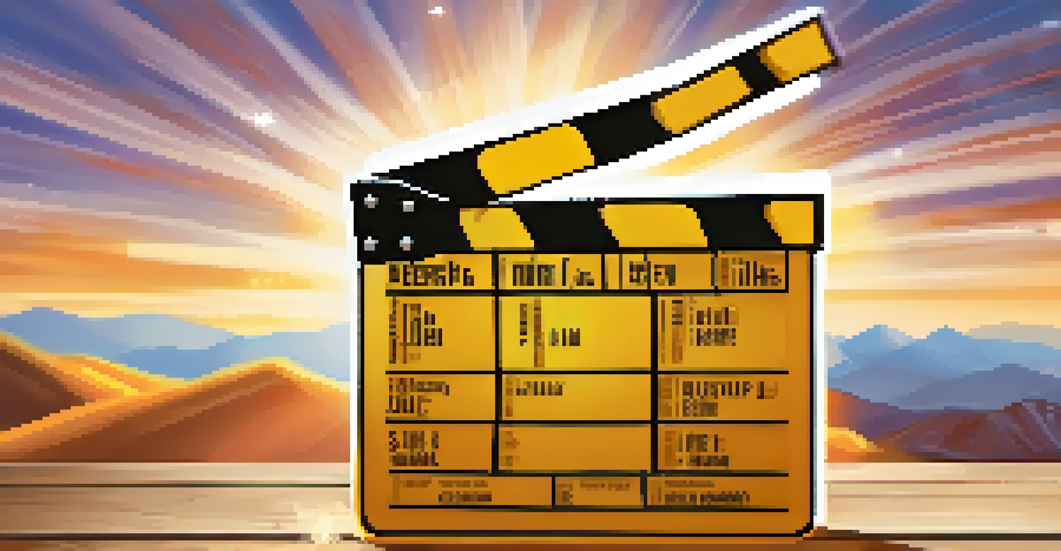 A movie clapperboard with artistic stickers on a table, illuminated by bright sunlight, representing film production creativity.