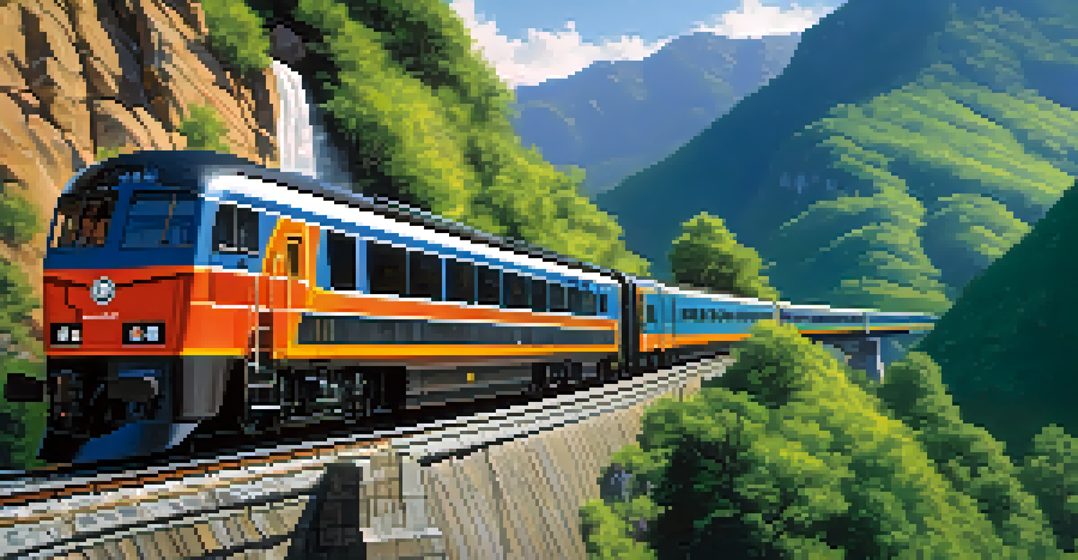 A modern passenger train traveling through a mountainous area with greenery and rocky cliffs.