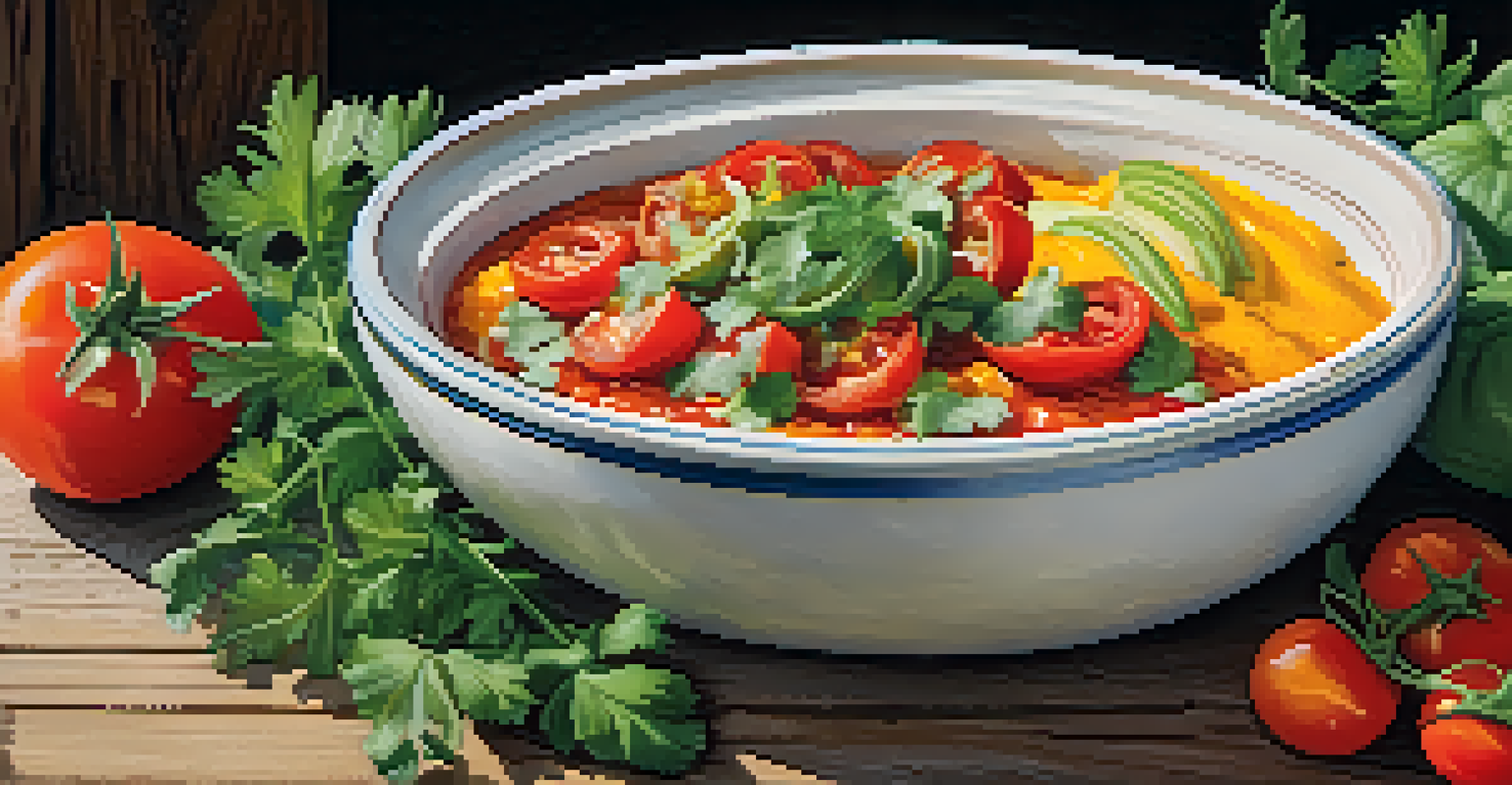 A close-up of a colorful Mexican dish featuring heirloom tomatoes and handmade tortillas on a rustic wooden table.