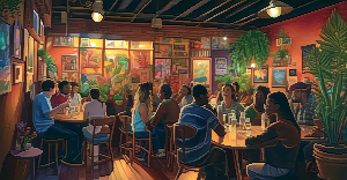 A cozy café hosting an open mic night with diverse poets performing on stage and an engaged audience.