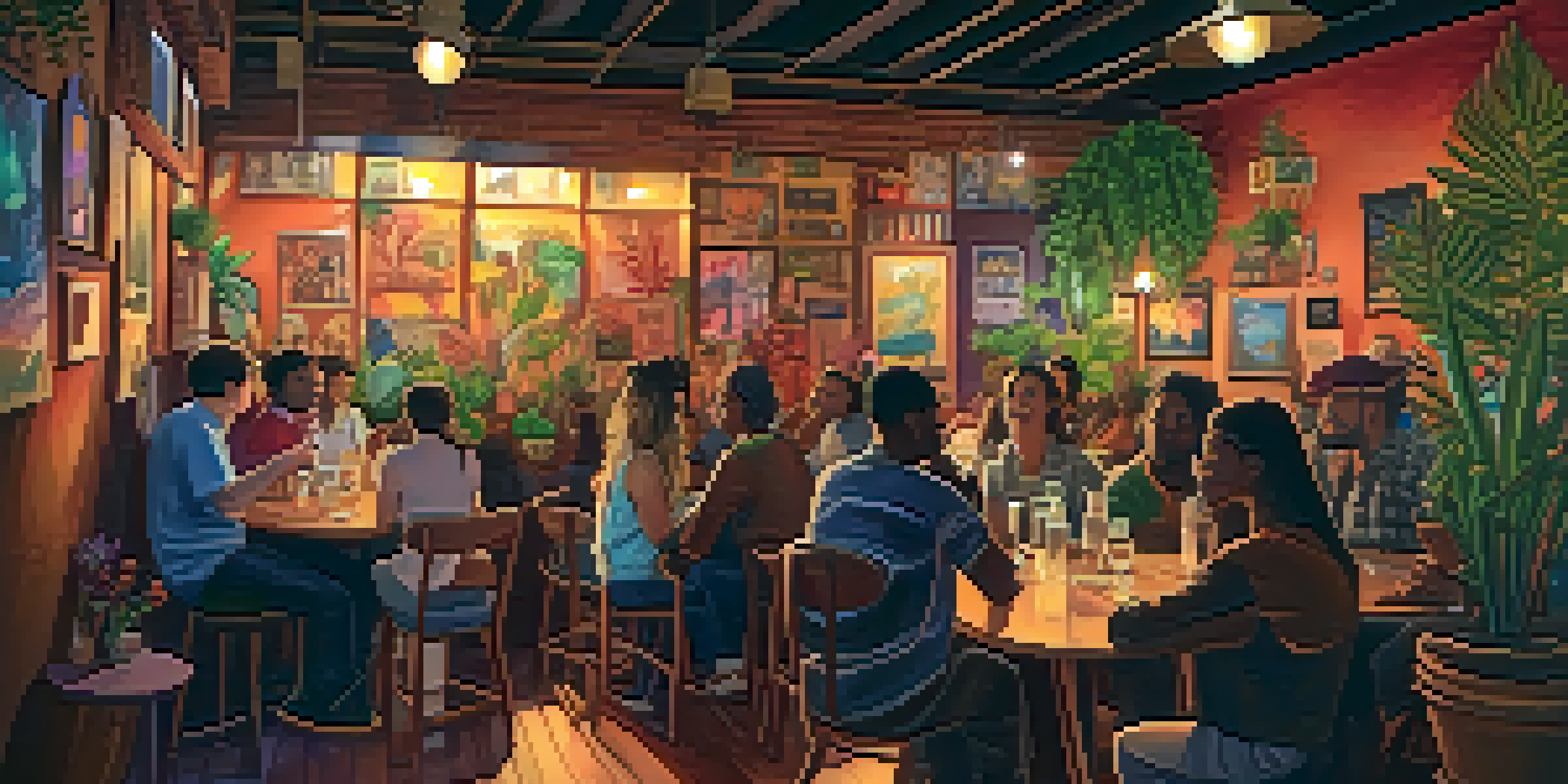 A cozy café hosting an open mic night with diverse poets performing on stage and an engaged audience.