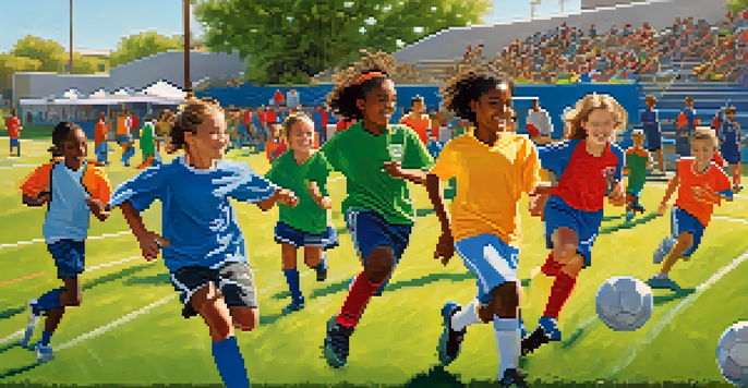 Children of diverse backgrounds playing soccer in a sunny Phoenix park, showcasing teamwork and enthusiasm.