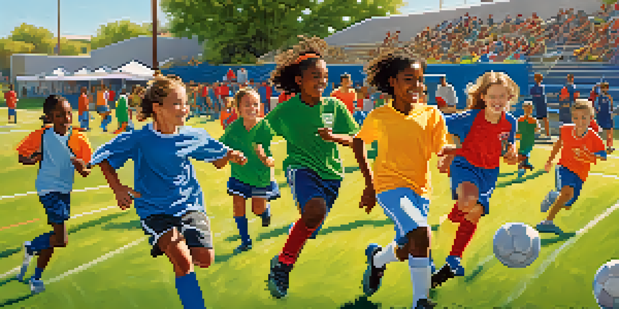 Children of diverse backgrounds playing soccer in a sunny Phoenix park, showcasing teamwork and enthusiasm.