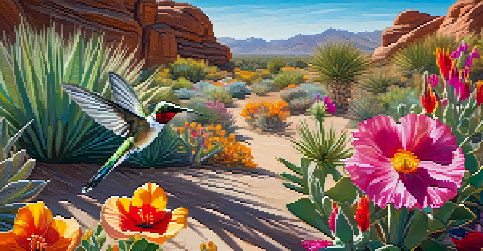 A colorful desert flower garden with a hummingbird hovering nearby, illuminated by sunlight, showcasing vibrant colors and textures.