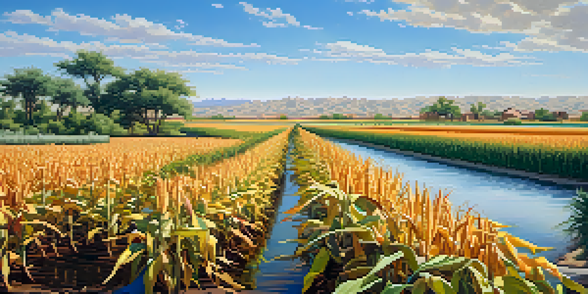 A peaceful landscape showcasing ancient irrigation canals with lush crops, bright blue sky, and traditional Native American structures in the background.
