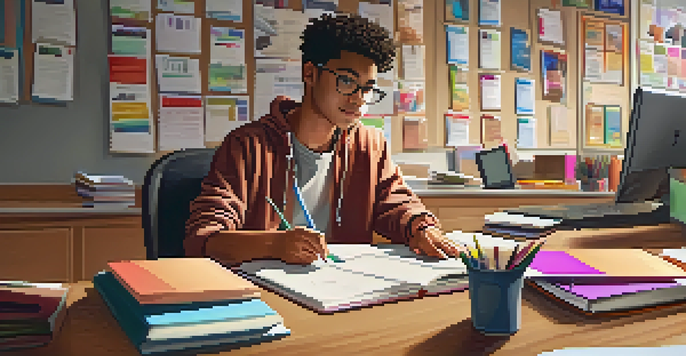 A high school student studying online for college courses at a desk, looking focused and motivated.