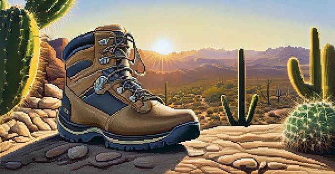 A pair of waterproof hiking boots on a sandy trail with cacti and rocks in the background, illuminated by warm sunlight.