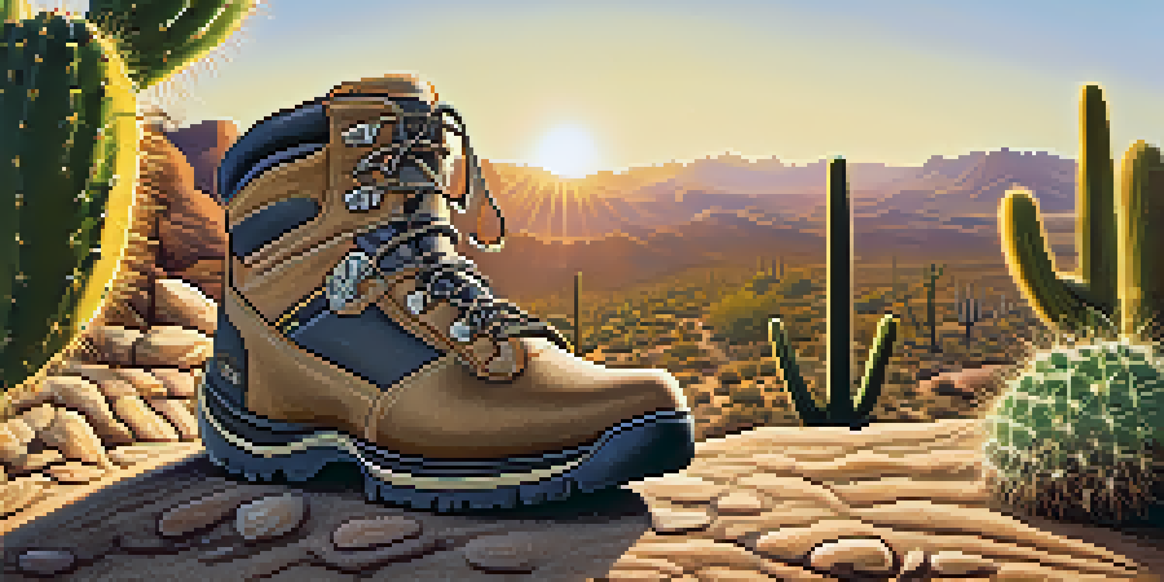 A pair of waterproof hiking boots on a sandy trail with cacti and rocks in the background, illuminated by warm sunlight.