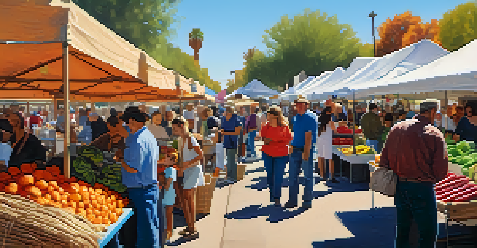 A lively autumn farmers' market in Phoenix, featuring diverse people shopping for seasonal produce under a sunny sky.