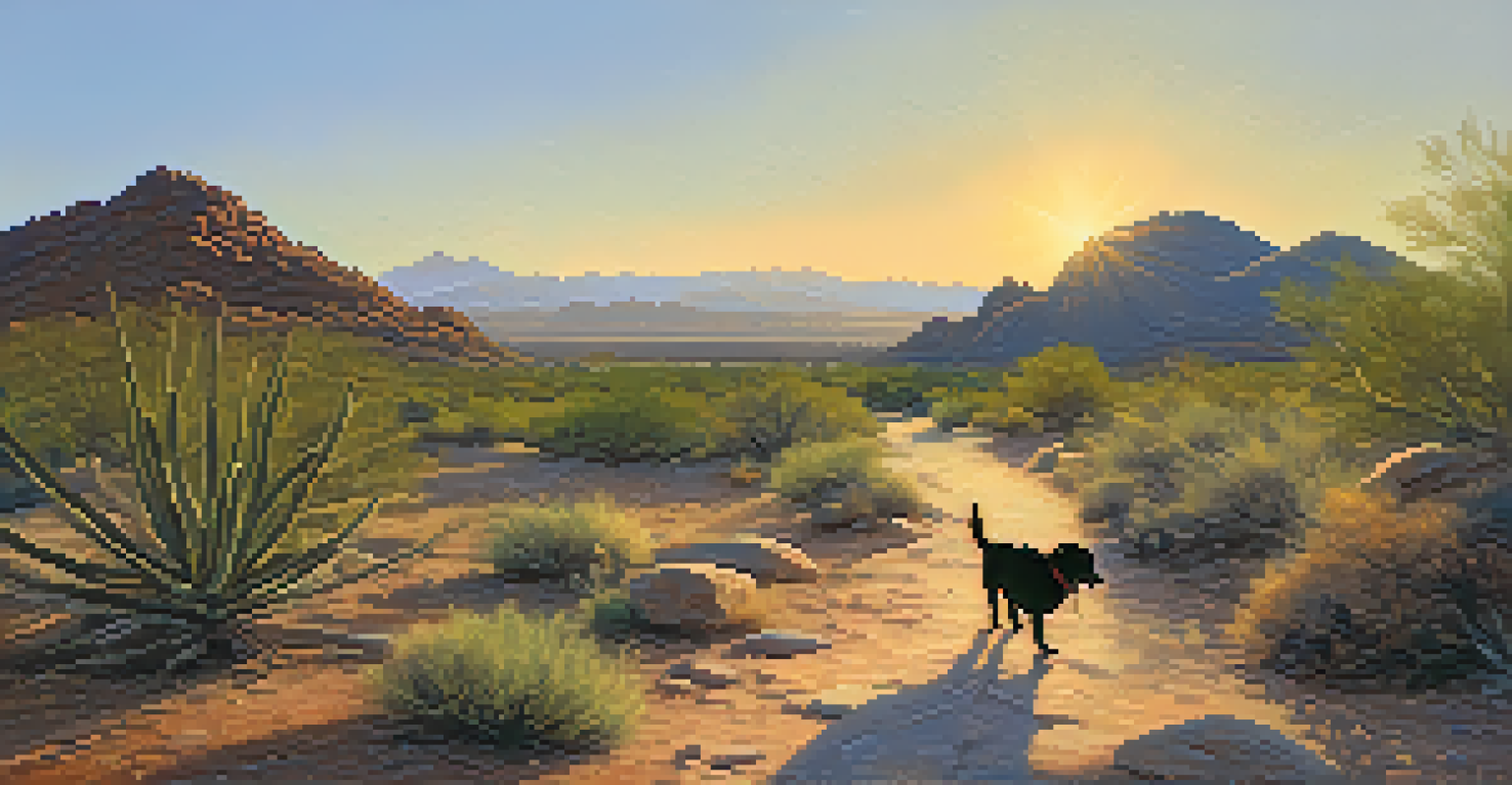 A dog hiking on a trail in the mountains with the sunrise illuminating the landscape.