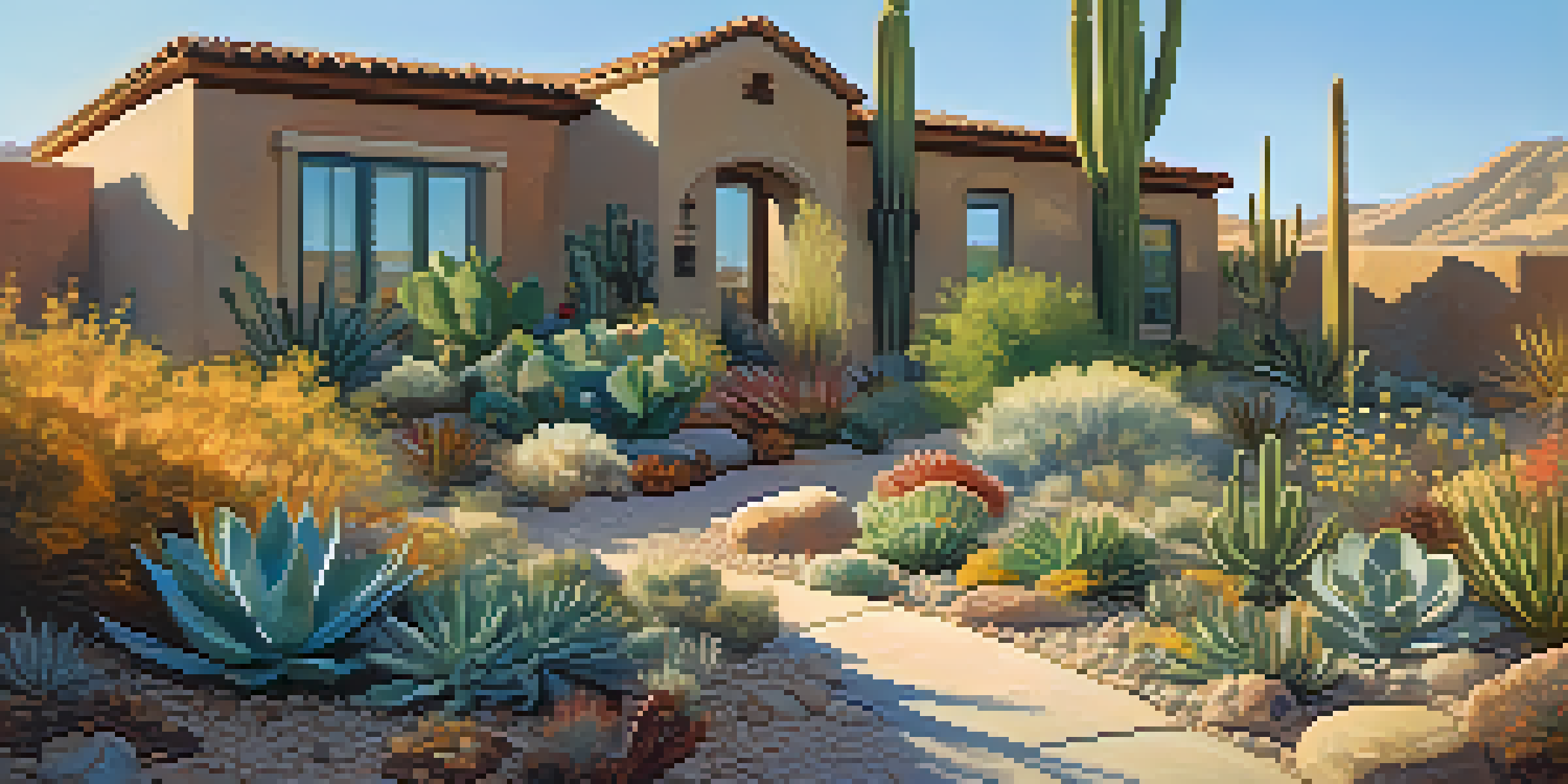 A peaceful xeriscaped garden with succulents and cacti, illuminated by morning sunlight, featuring gravel pathways and colorful wildflowers.