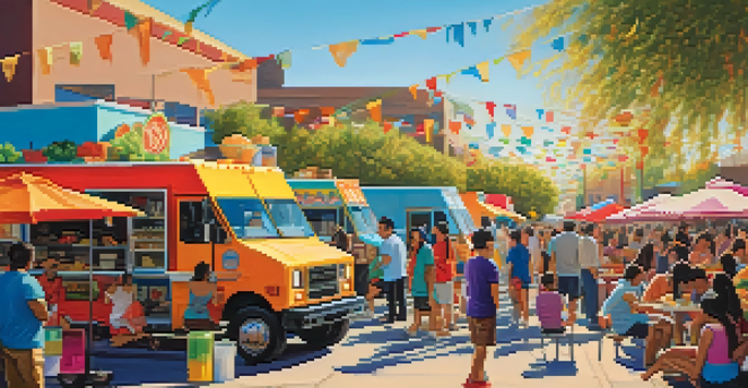 A colorful food truck festival in Phoenix with diverse food trucks and people enjoying their meals under a sunny sky.