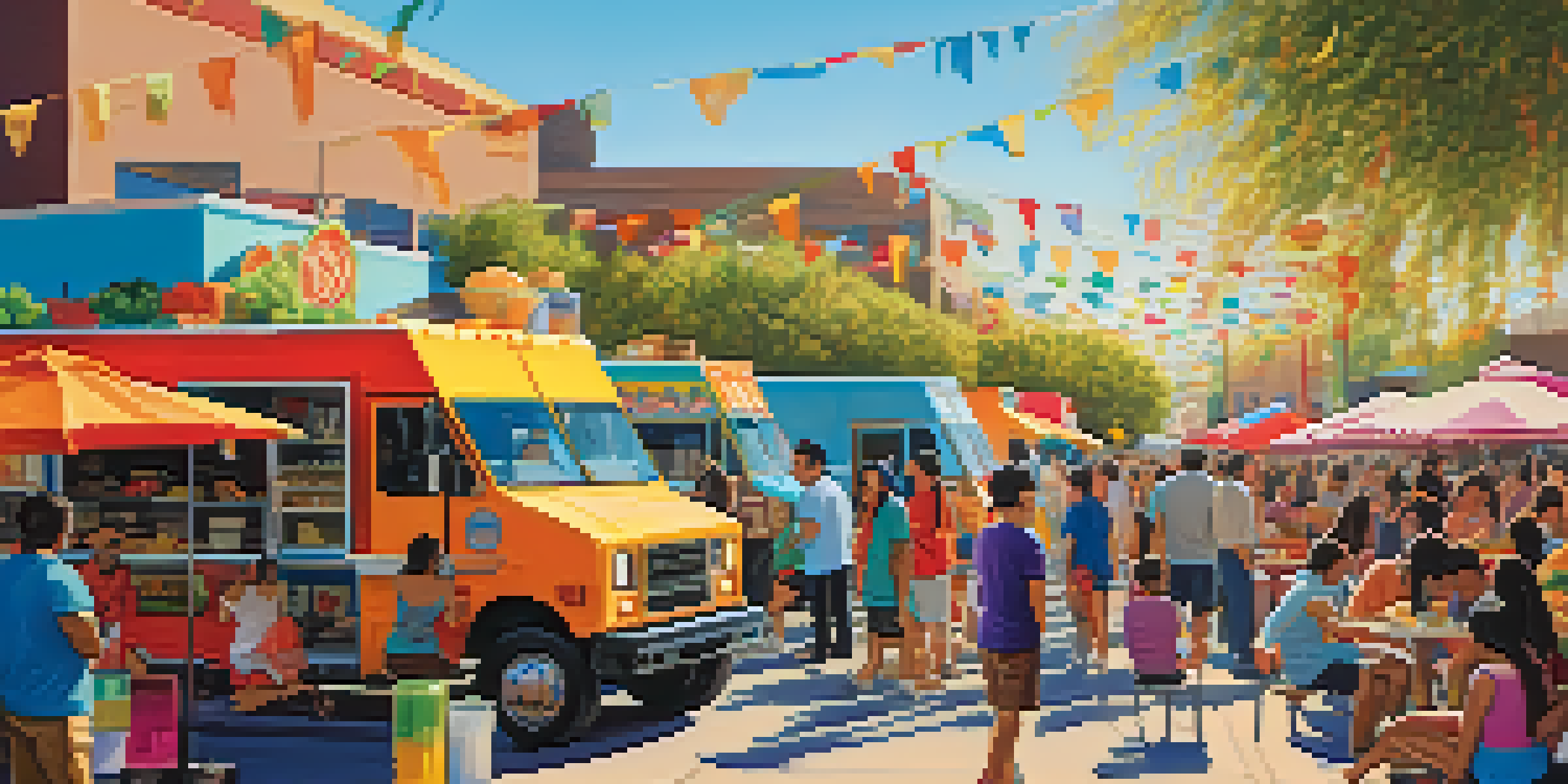 A colorful food truck festival in Phoenix with diverse food trucks and people enjoying their meals under a sunny sky.