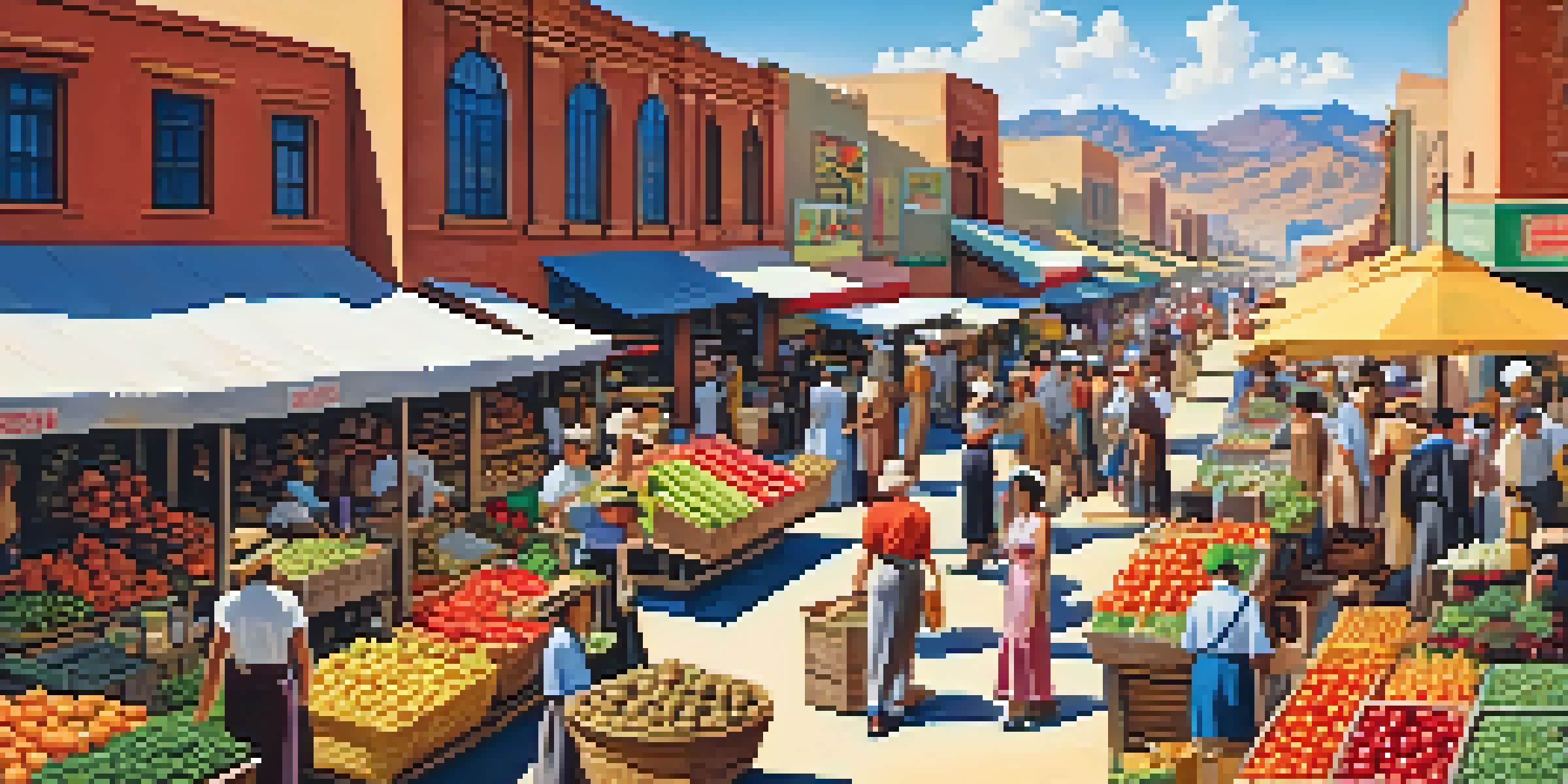 A historical market scene in 1930s Phoenix with diverse residents shopping for fresh produce under a bright blue sky.