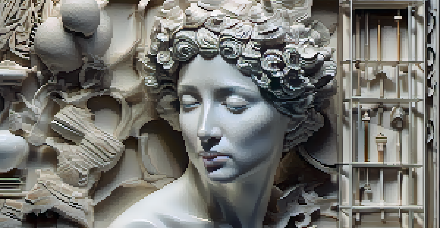 A detailed close-up of a monochromatic sculpture made from found objects, showcasing its texture and intricate details.