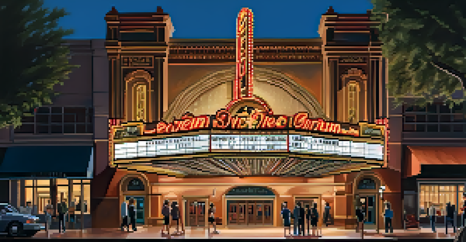 A peaceful sunset view of the Orpheum Theatre in Phoenix, showcasing its restored façade with people gathered in front, illuminated by soft evening light.