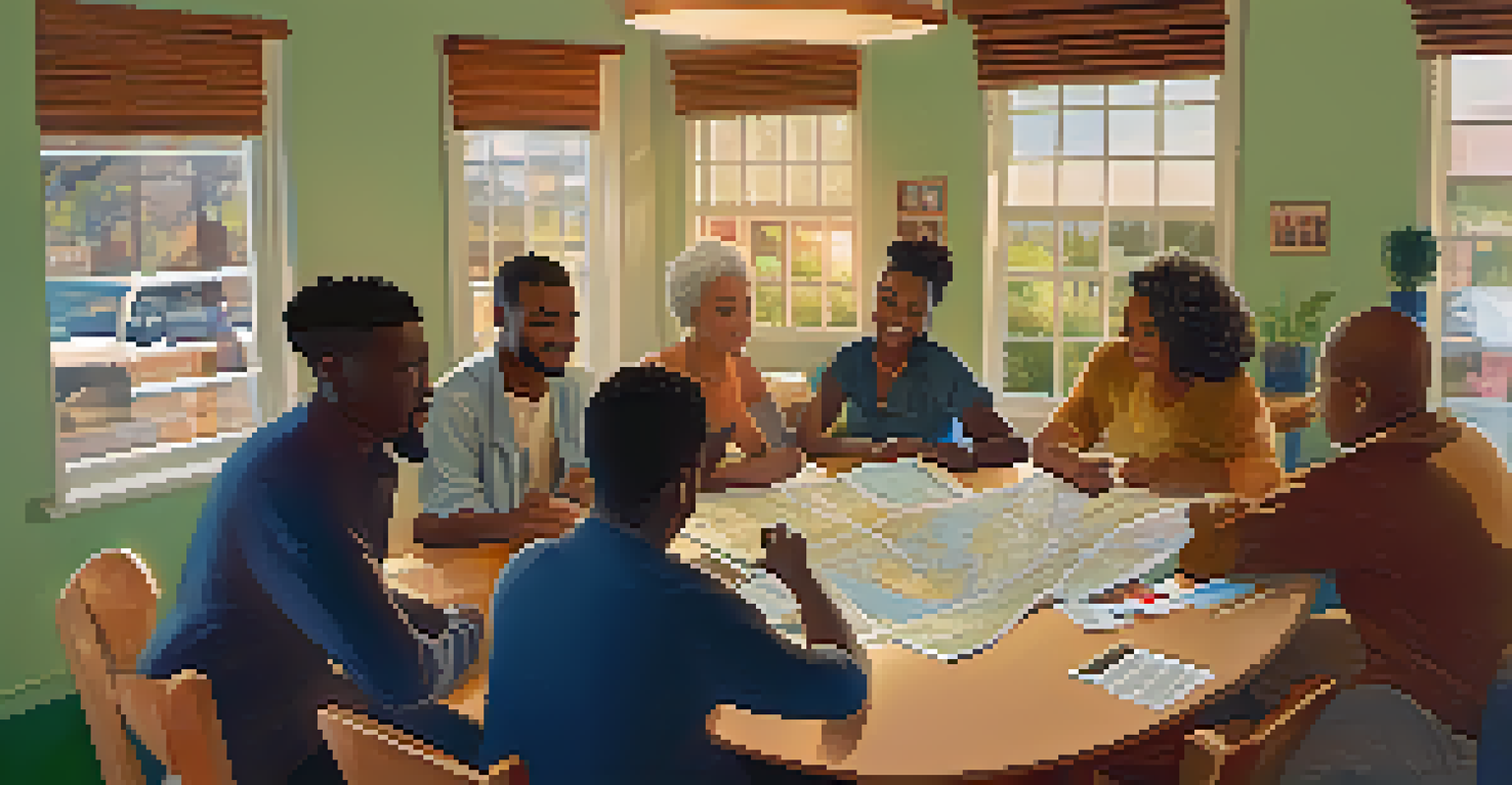 A diverse group of community members engaged in discussion at a table filled with maps and flyers in a cozy community center.