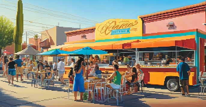 A lively street scene with colorful food trucks in the Melrose District, people enjoying gourmet tacos and donuts under warm sunlight.