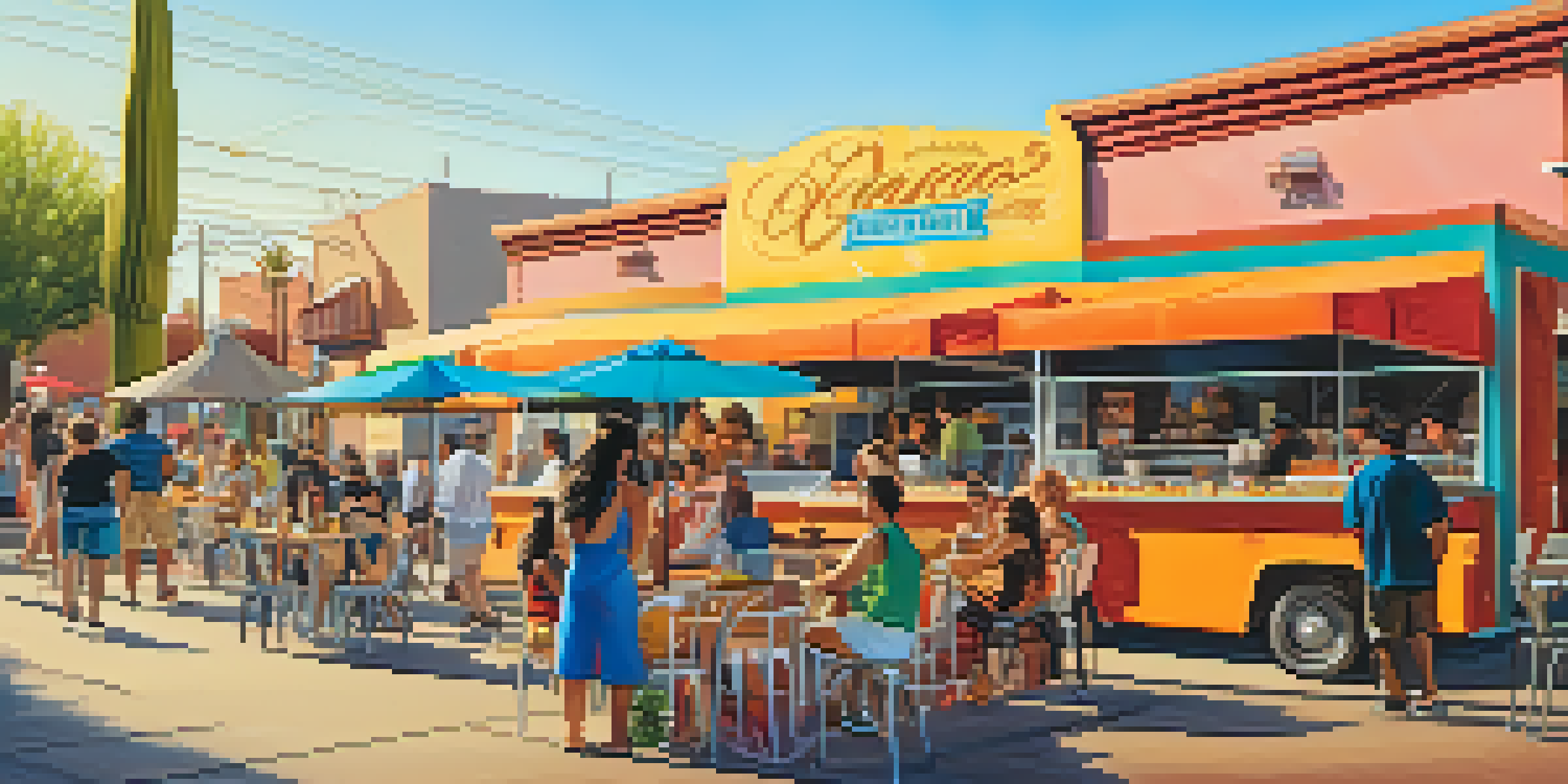 A lively street scene with colorful food trucks in the Melrose District, people enjoying gourmet tacos and donuts under warm sunlight.