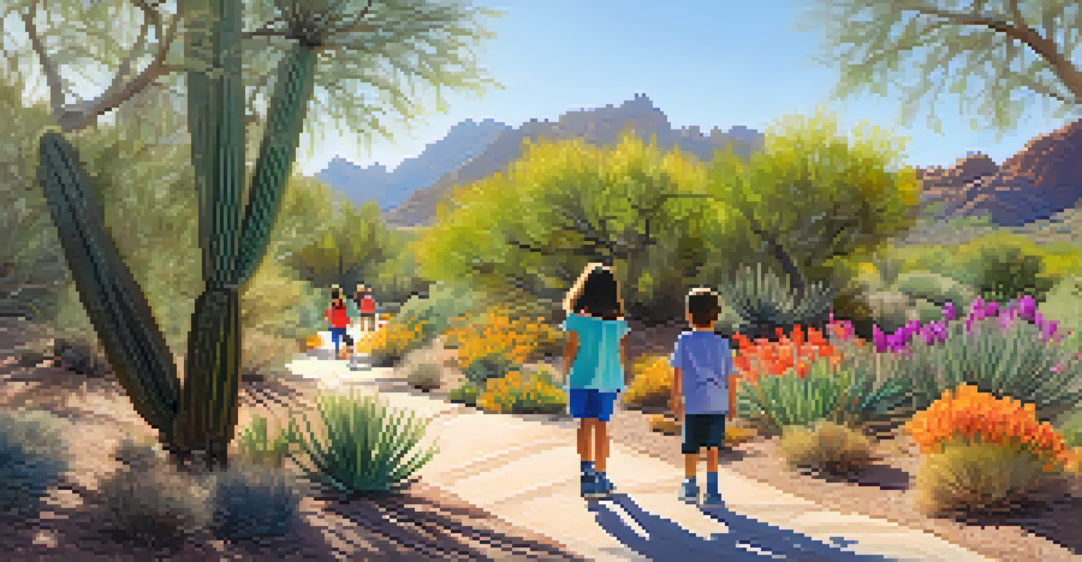 A family explores the Desert Botanical Garden, observing native plants and reading informative signs along the walking trails.