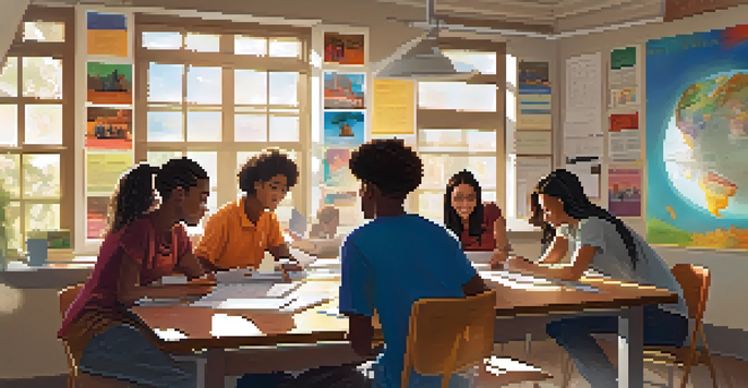 A group of high school students collaborating during a tutoring session, surrounded by educational materials, with sunlight illuminating the room.
