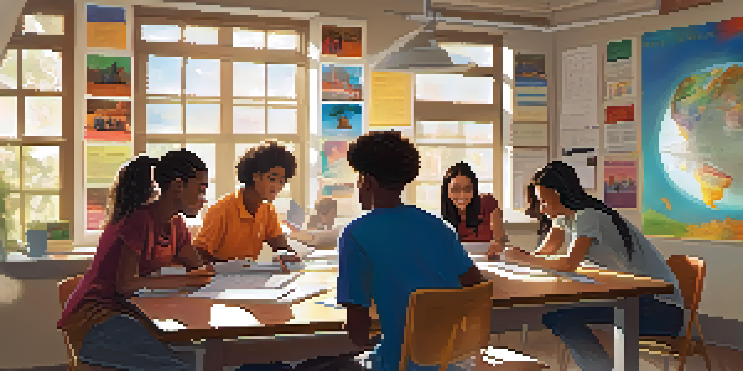 A group of high school students collaborating during a tutoring session, surrounded by educational materials, with sunlight illuminating the room.